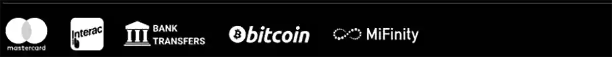 Row of supported casino payment method logos on a dark background, including Mastercard, Interac, Bank Transfers, Bitcoin, and MiFinity.