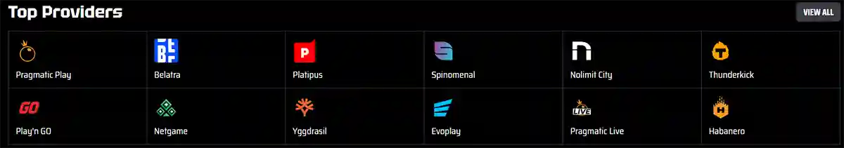 Top providers section displaying a grid of online casino game developer logos on a dark background, including Pragmatic Play, Belatra, Platipus, Spinomenal, Nolimit City, Thunderkick, Play’n GO, NetGame, Yggdrasil, Evoplay, Pragmatic Live, and Habanero, with a “View All” option.