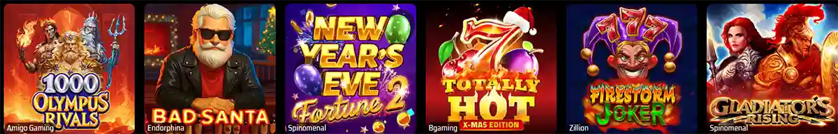 Row of festive and action-themed online casino slot game thumbnails, featuring titles such as Olympus Rivals 1000, Bad Santa, New Year’s Eve Fortune 2, Totally Hot 7 X-Mas Edition, Firestorm Joker, and Gladiator’s Rising, displayed with vibrant artwork and character-focused designs.